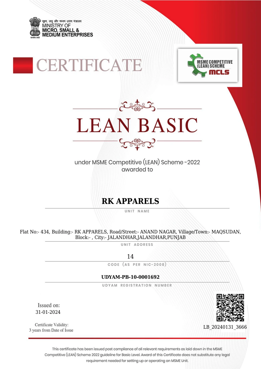 Original LEAN Basic certificate awarded to RK Apparels, issued 31 January 2024