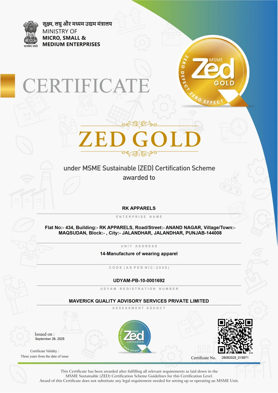 Original ZED Gold certificate awarded to RK Apparels, issued 26 September 2025