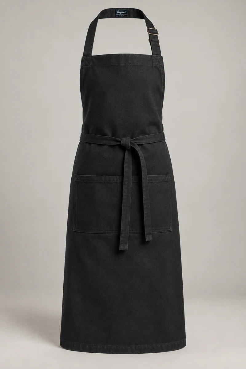 Sungrace bib aprons design 1: Black Canvas, showing the genuine Sungrace woven label