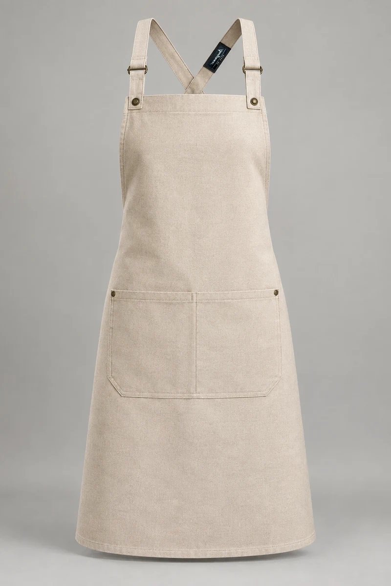Sungrace bib aprons design 2: Oatmeal Cross-Back, showing the genuine Sungrace woven label