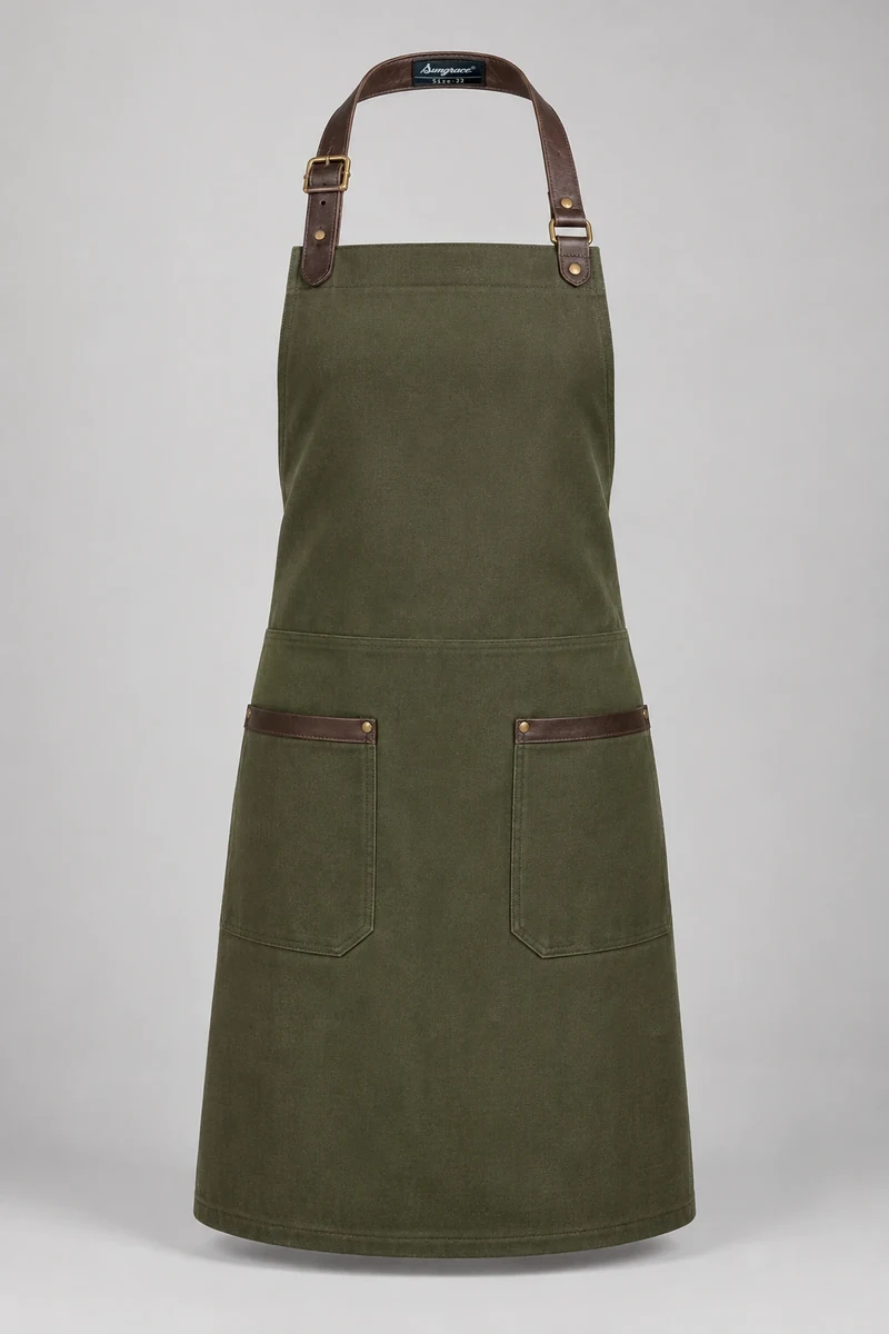 Sungrace bib aprons design 3: Olive Leather-Trim, showing the genuine Sungrace woven label