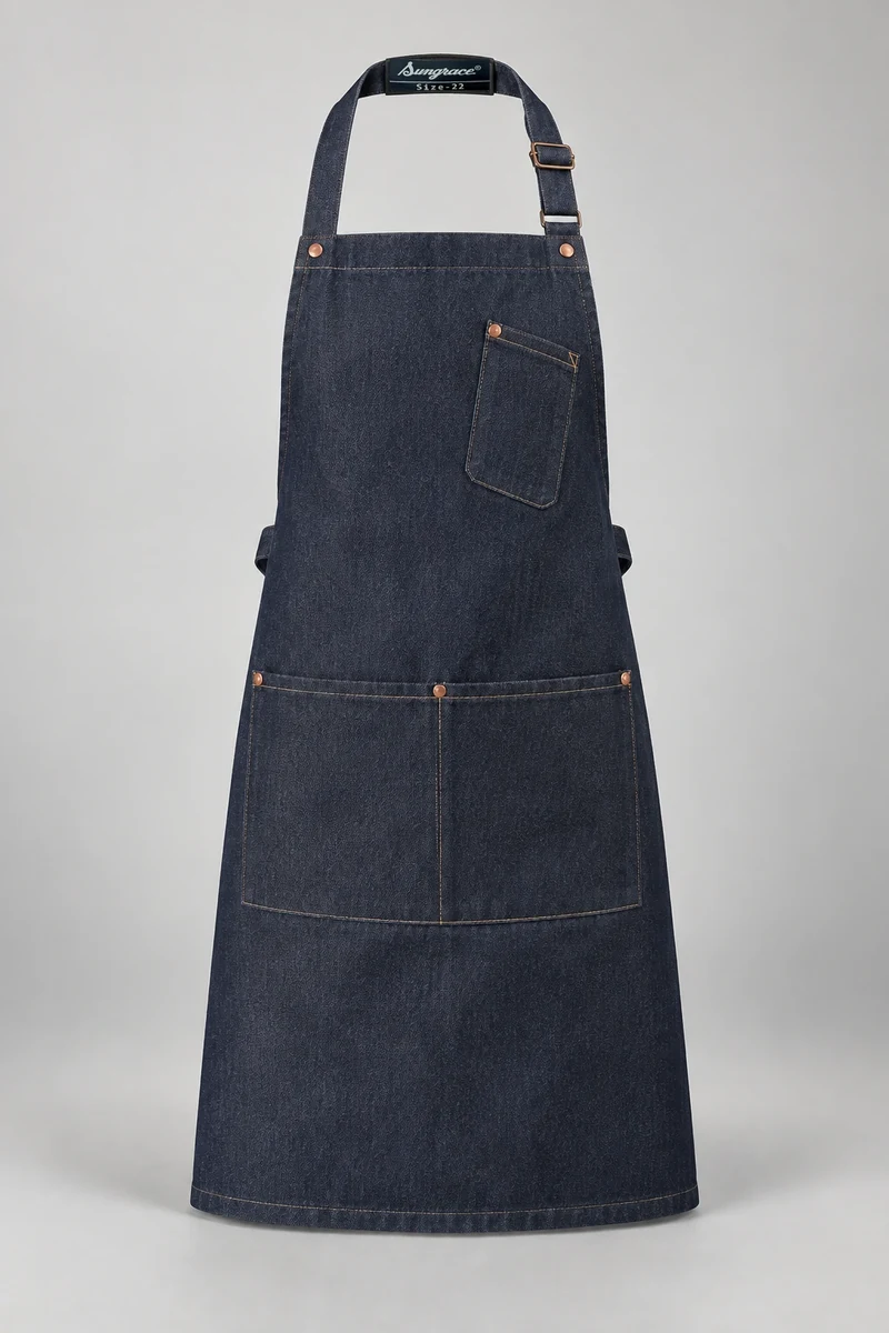 Sungrace bib aprons design 4: Navy Denim, showing the genuine Sungrace woven label