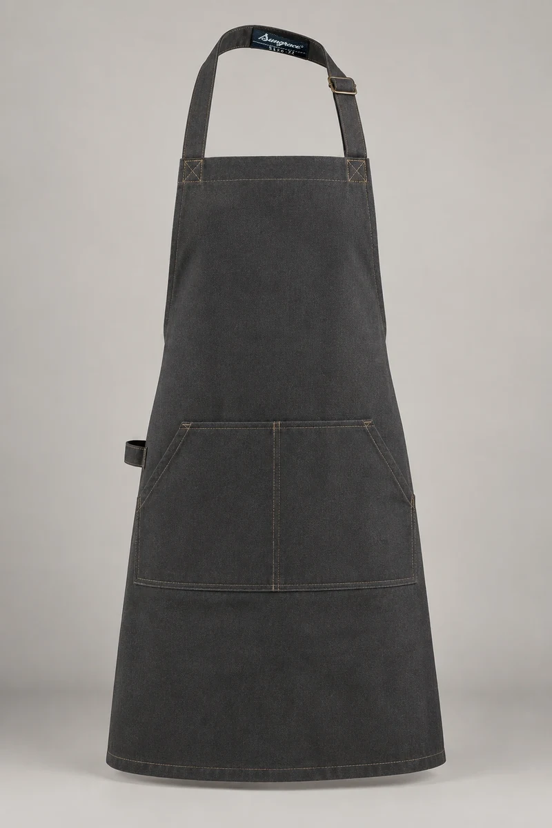 Sungrace bib aprons design 6: Charcoal Workshop, showing the genuine Sungrace woven label