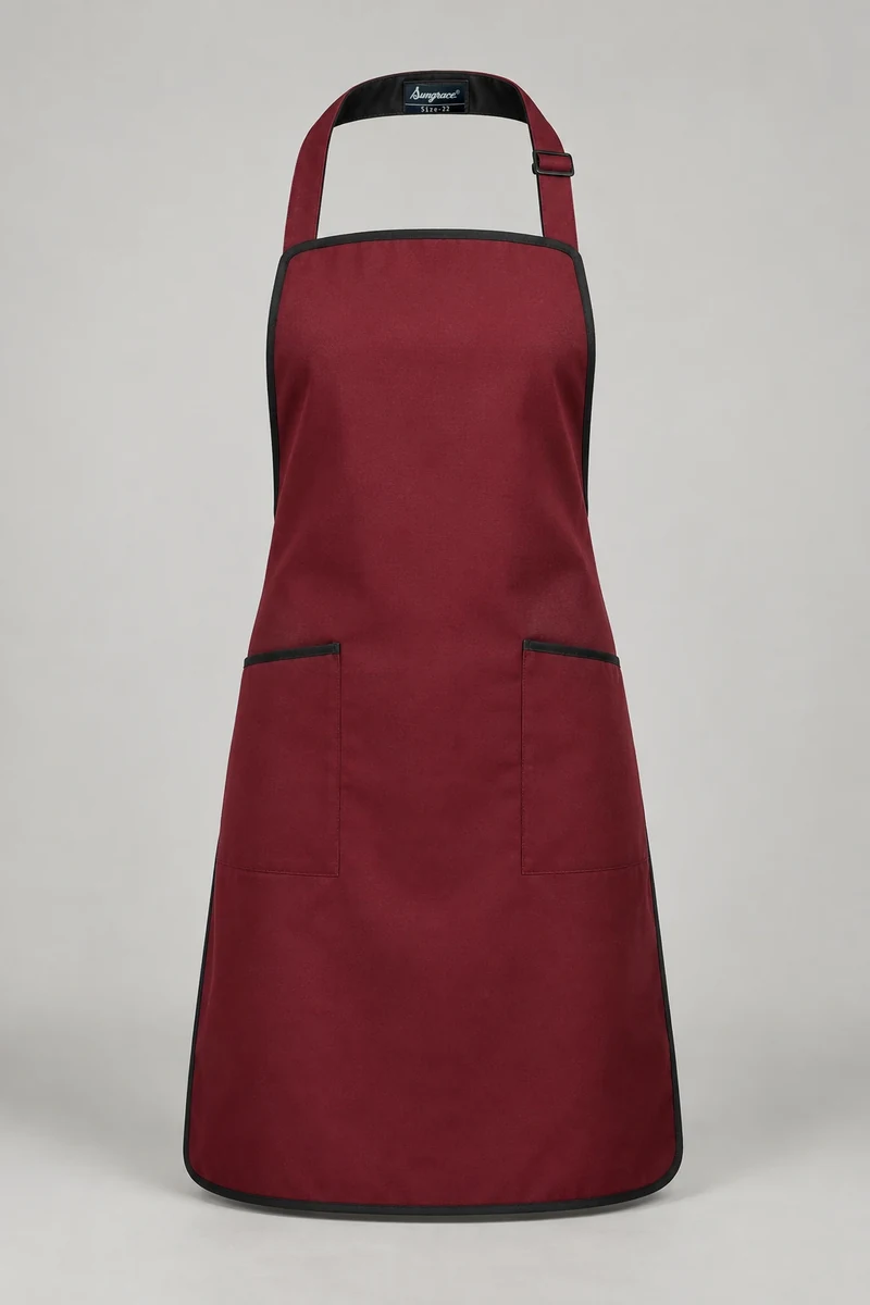 Sungrace bib aprons design 7: Burgundy Contrast-Trim, showing the genuine Sungrace woven label