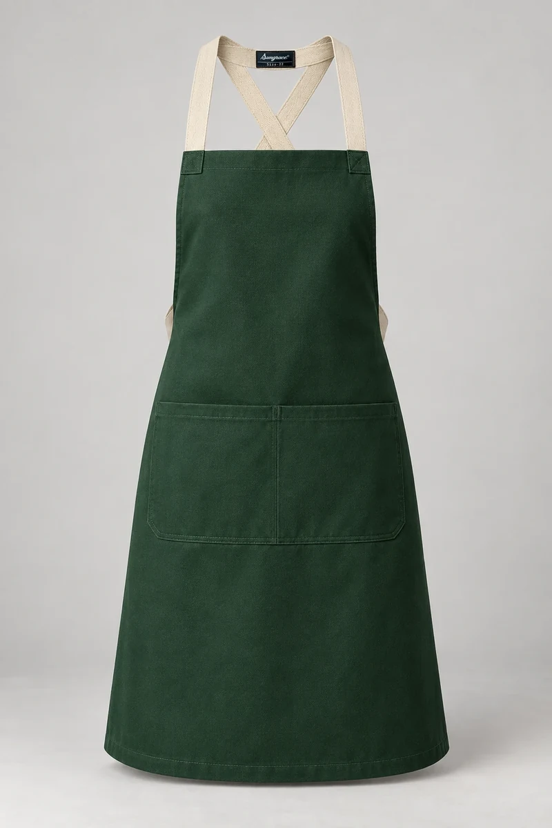 Sungrace bib aprons design 8: Forest Cross-Back, showing the genuine Sungrace woven label