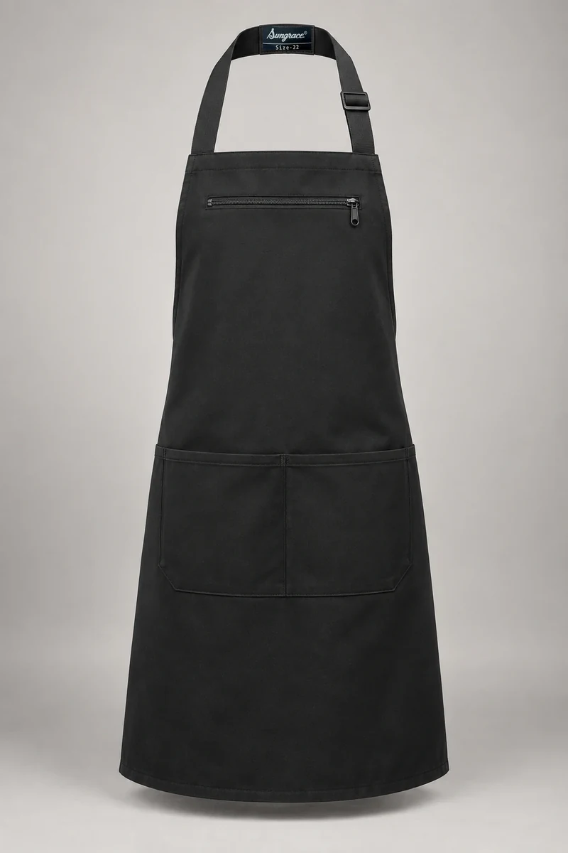 Sungrace bib aprons design 9: Black Zip-Pocket, showing the genuine Sungrace woven label