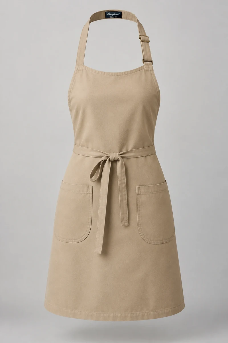 Sungrace bib aprons design 10: Sand Women’s Shaped, showing the genuine Sungrace woven label