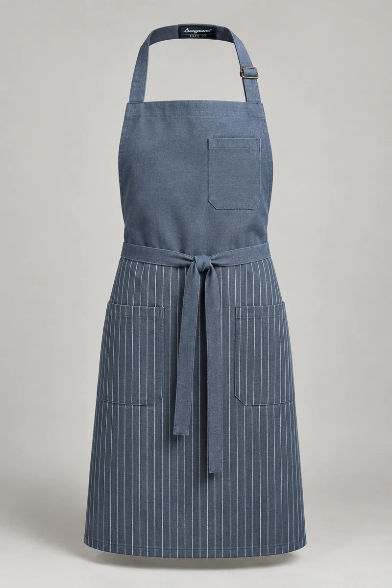 Sungrace bib aprons design 11: Steel-Blue Pinstripe, showing the genuine Sungrace woven label