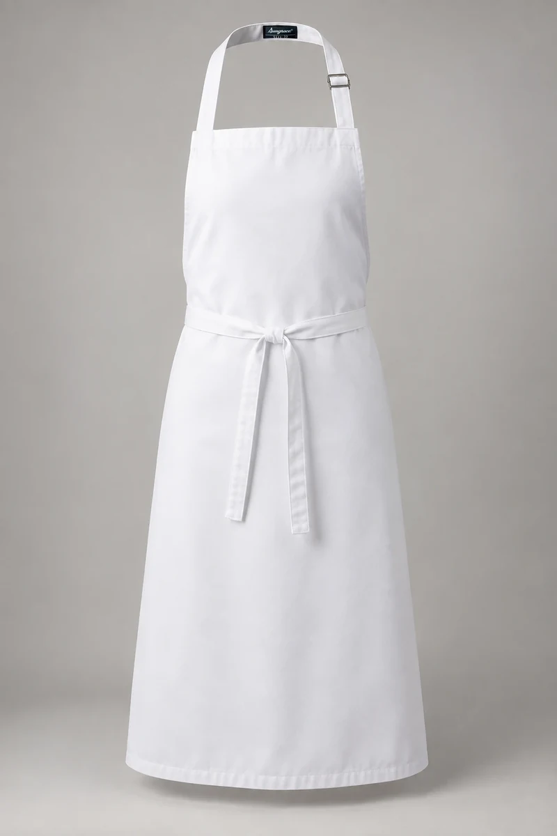 Sungrace bib aprons design 12: Crisp White Culinary, showing the genuine Sungrace woven label