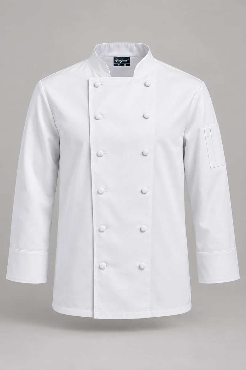 Sungrace chef jackets design 1: Classic White Double-Breasted, showing the genuine Sungrace woven label