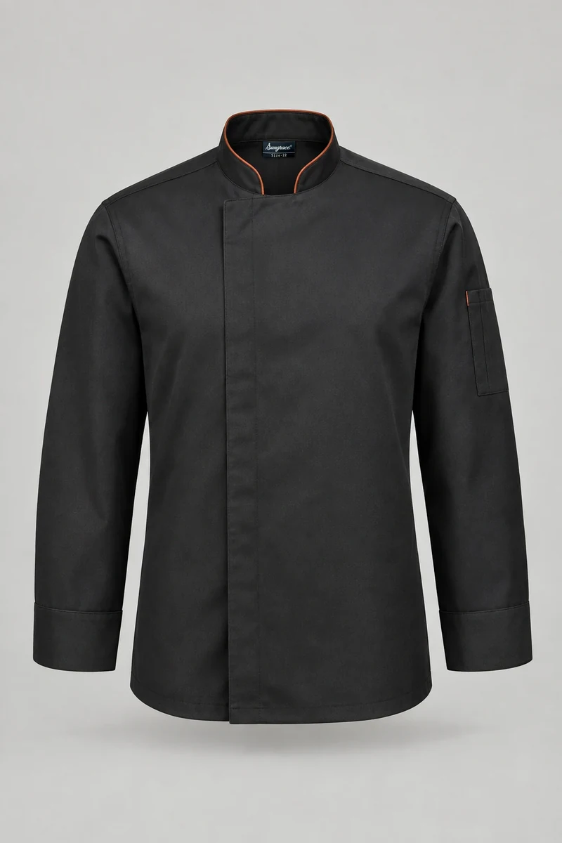 Sungrace chef jackets design 2: Black Concealed-Placket, showing the genuine Sungrace woven label