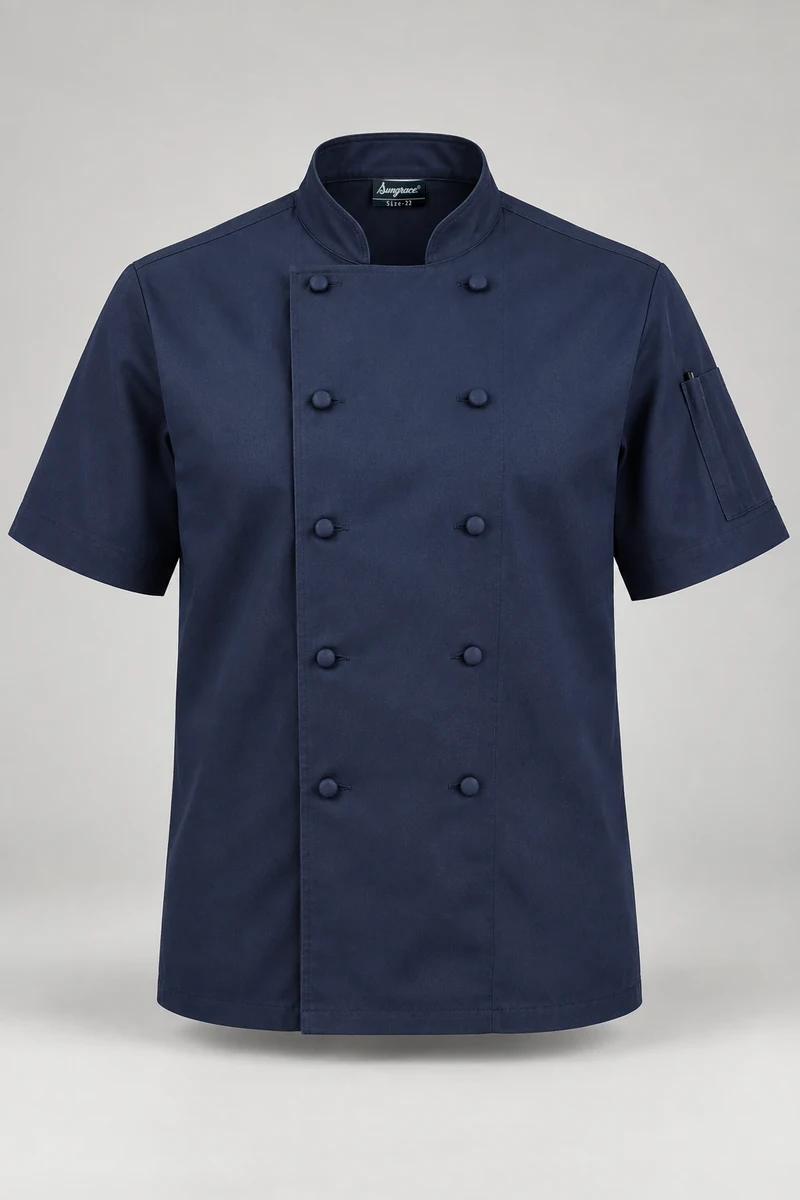 Sungrace chef jackets design 3: Navy Short-Sleeve, showing the genuine Sungrace woven label