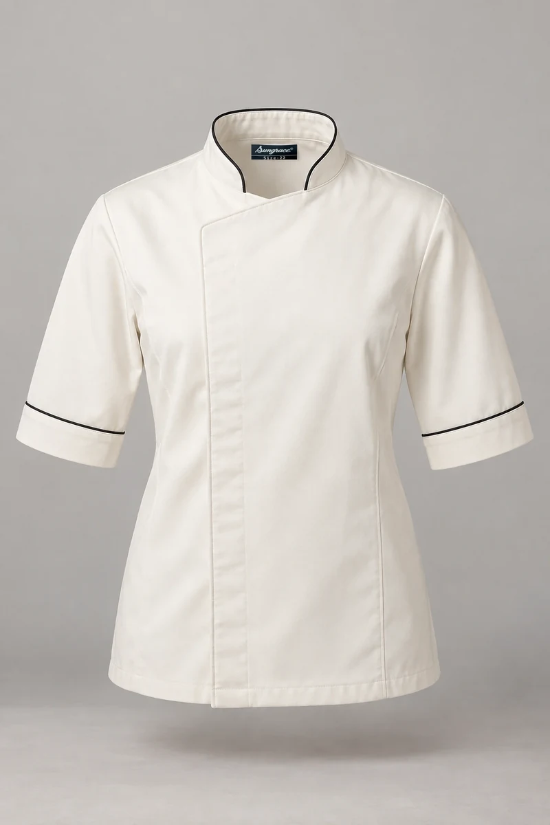 Sungrace chef jackets design 4: Ivory Asymmetric, showing the genuine Sungrace woven label