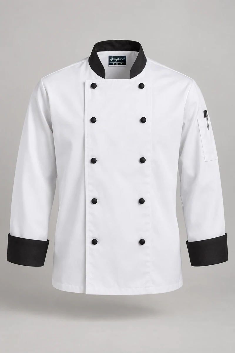 Sungrace chef jackets design 5: White Contrast-Trim, showing the genuine Sungrace woven label