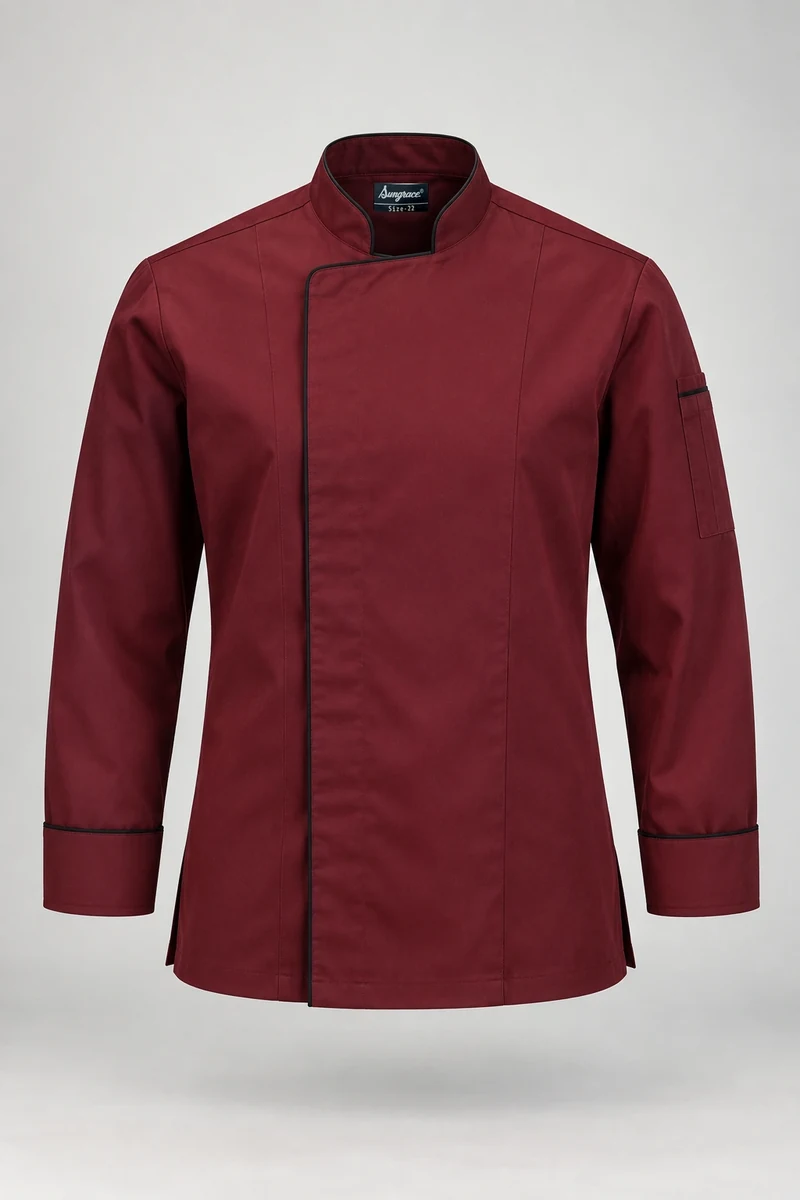 Sungrace chef jackets design 6: Burgundy Concealed-Placket, showing the genuine Sungrace woven label