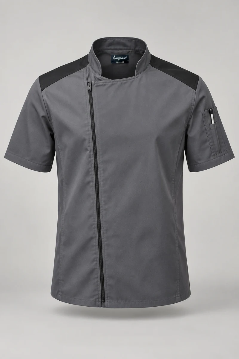 Sungrace chef jackets design 7: Slate Zip-Front, showing the genuine Sungrace woven label