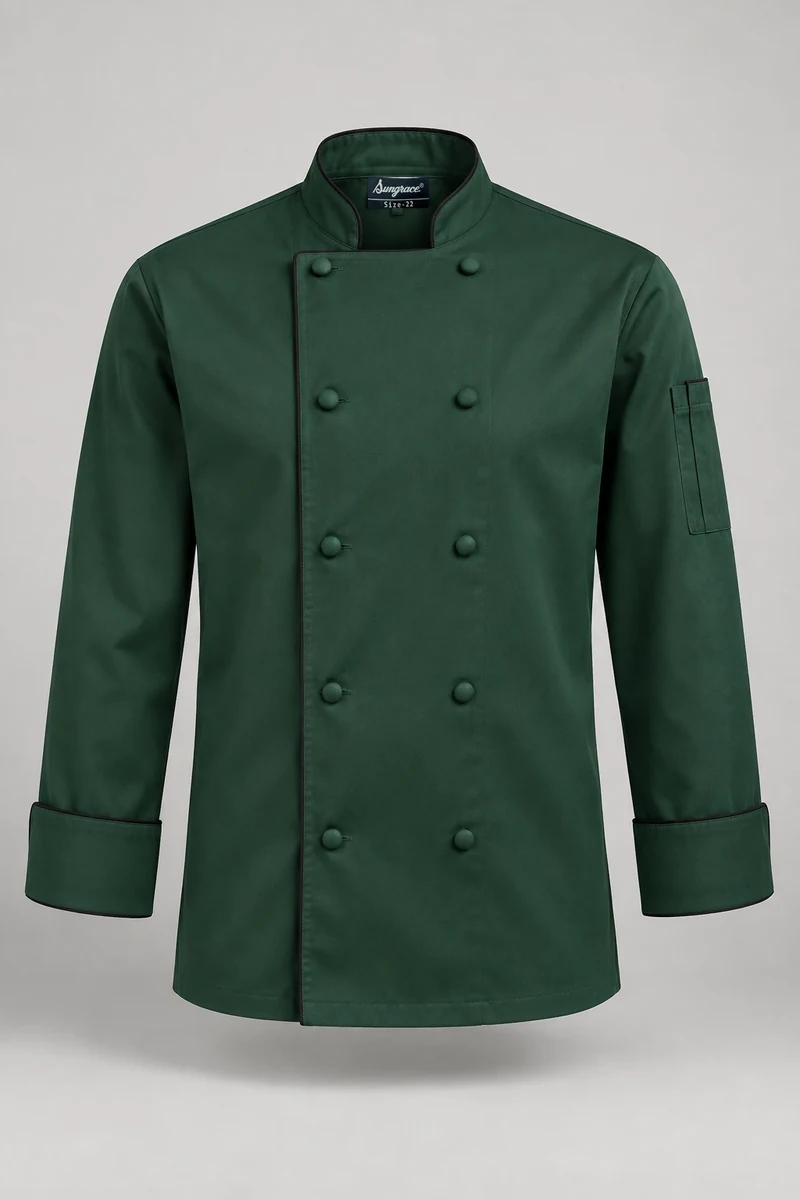 Sungrace chef jackets design 8: Forest Green Double-Breasted, showing the genuine Sungrace woven label