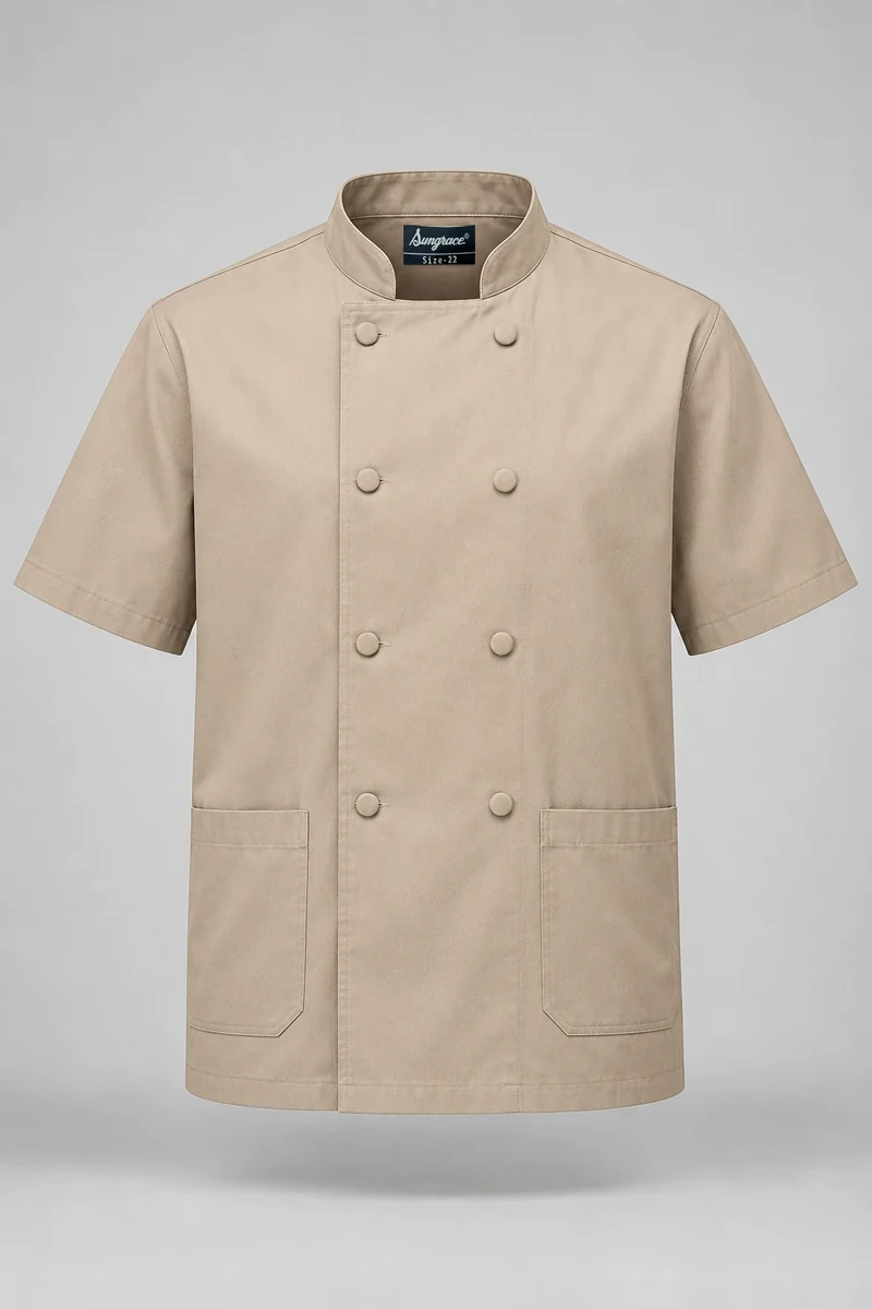 Sungrace chef jackets design 9: Sand Short-Sleeve, showing the genuine Sungrace woven label