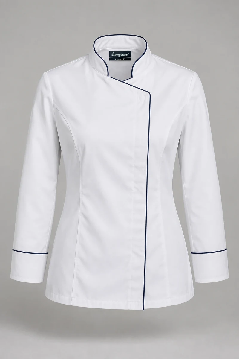 Sungrace chef jackets design 10: White Women’s Asymmetric, showing the genuine Sungrace woven label