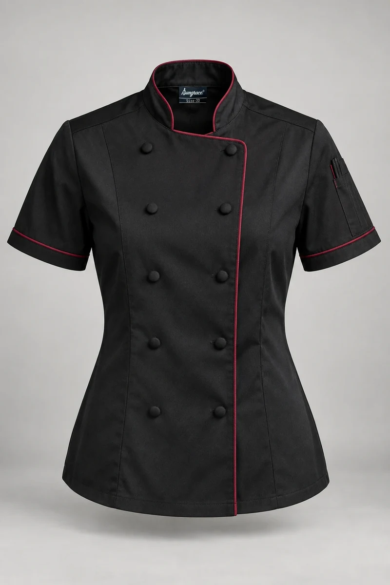 Sungrace chef jackets design 11: Black Women’s Contrast-Trim, showing the genuine Sungrace woven label