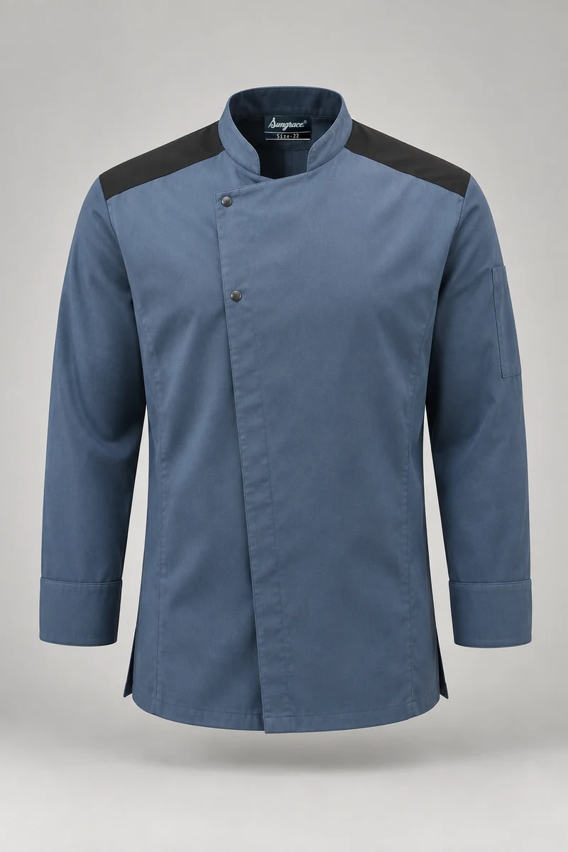 Sungrace chef jackets design 12: Steel-Blue Shoulder-Panel, showing the genuine Sungrace woven label