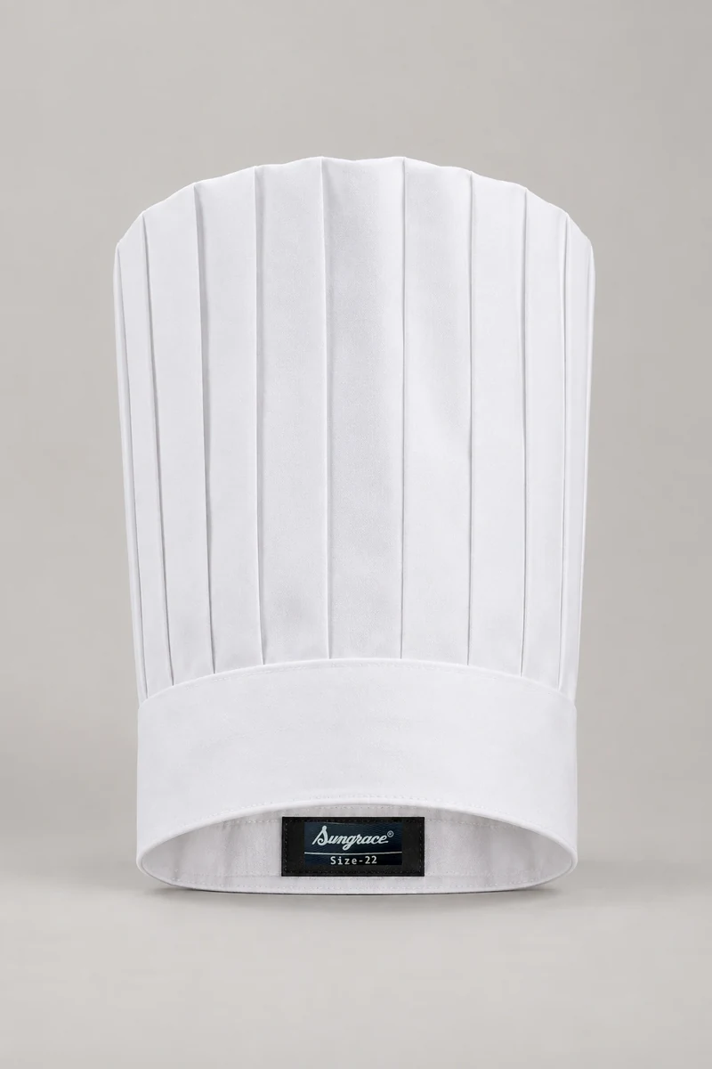 Sungrace chef headwear design 1: Classic White Tall Toque, showing the genuine Sungrace woven label