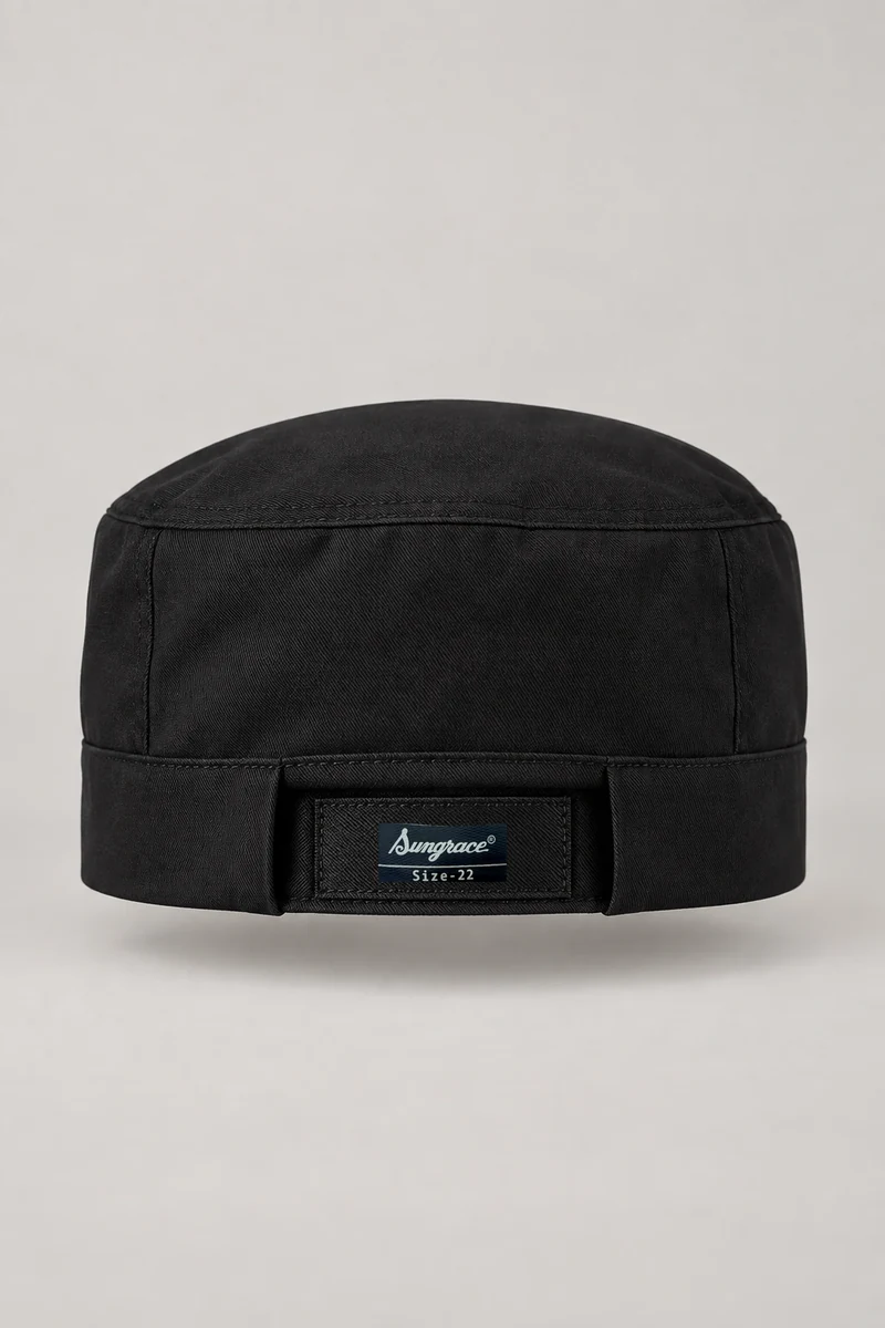 Sungrace chef headwear design 2: Black Skull Cap, showing the genuine Sungrace woven label