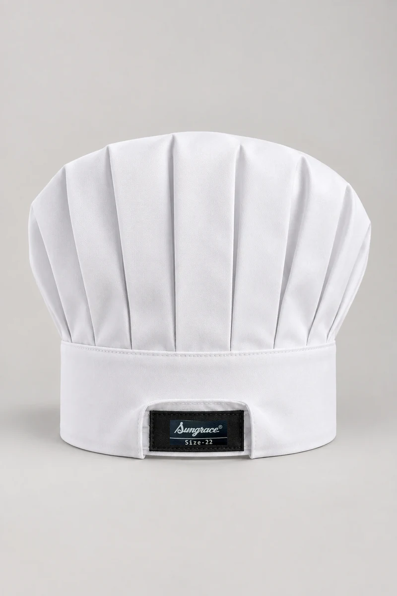 Sungrace chef headwear design 3: White Short Pleated Toque, showing the genuine Sungrace woven label