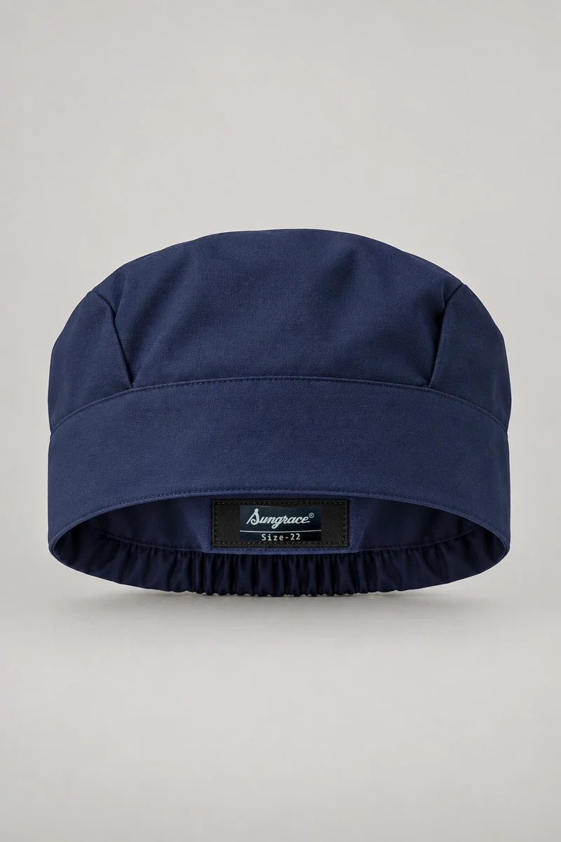 Sungrace chef headwear design 4: Navy Chef Beanie, showing the genuine Sungrace woven label