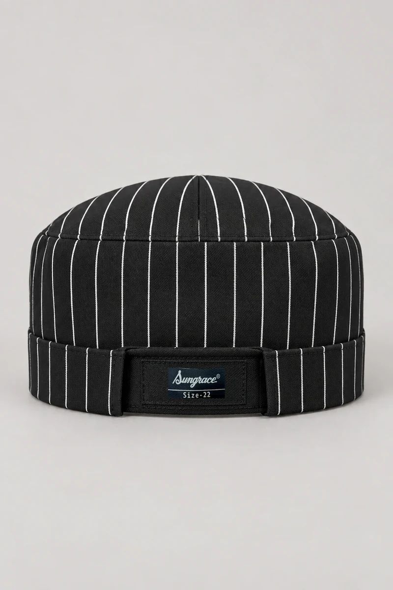 Sungrace chef headwear design 5: Black Pinstripe Skull Cap, showing the genuine Sungrace woven label