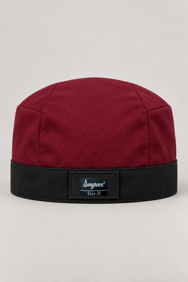 Sungrace chef headwear design 6: Burgundy Chef Beanie, showing the genuine Sungrace woven label