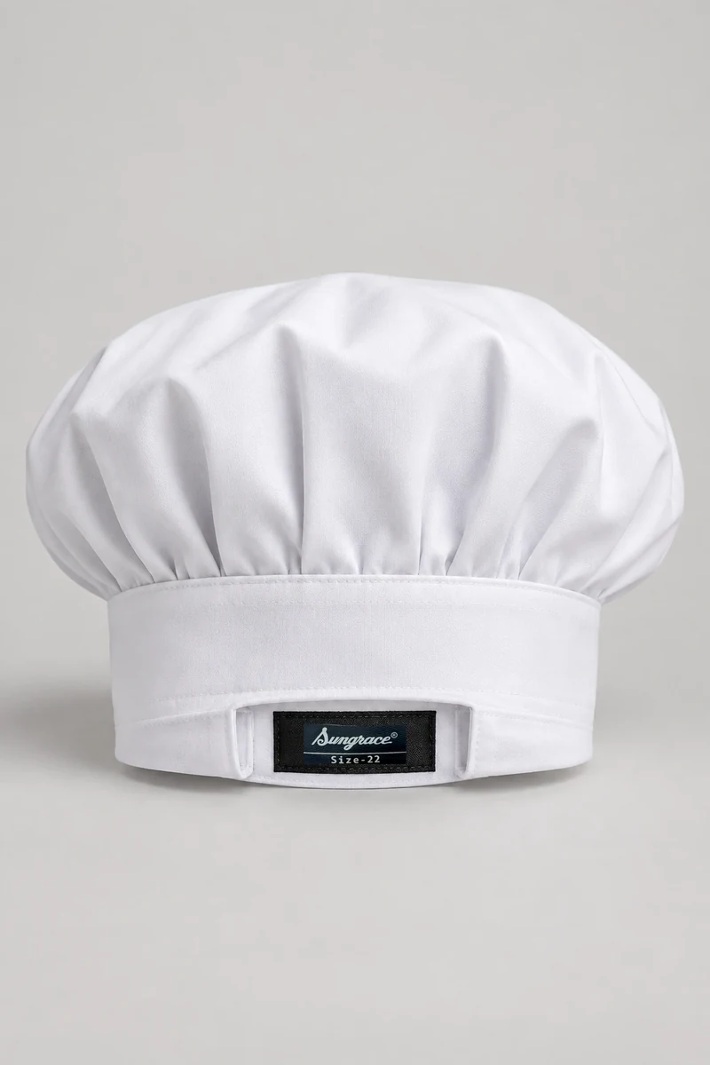 Sungrace chef headwear design 7: White Baker Cap, showing the genuine Sungrace woven label