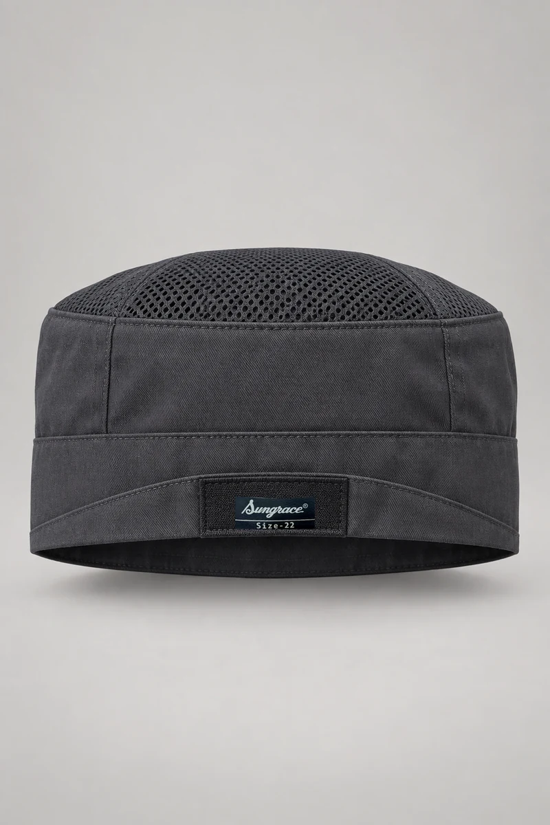 Sungrace chef headwear design 8: Charcoal Ventilated Cap, showing the genuine Sungrace woven label