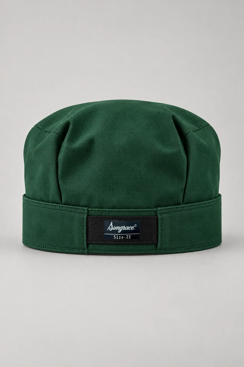 Sungrace chef headwear design 9: Forest Chef Beanie, showing the genuine Sungrace woven label