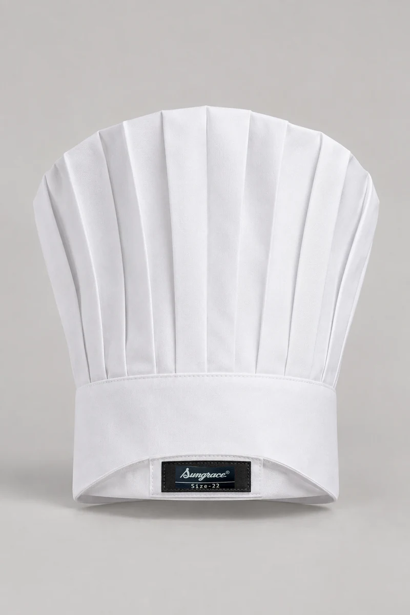Sungrace chef headwear design 10: White Fan-Pleat Toque, showing the genuine Sungrace woven label