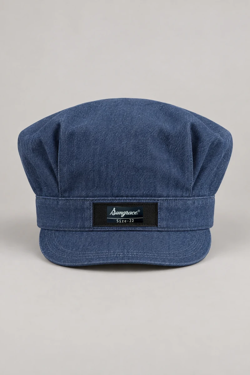 Sungrace chef headwear design 11: Denim-Blue Chef Cap, showing the genuine Sungrace woven label