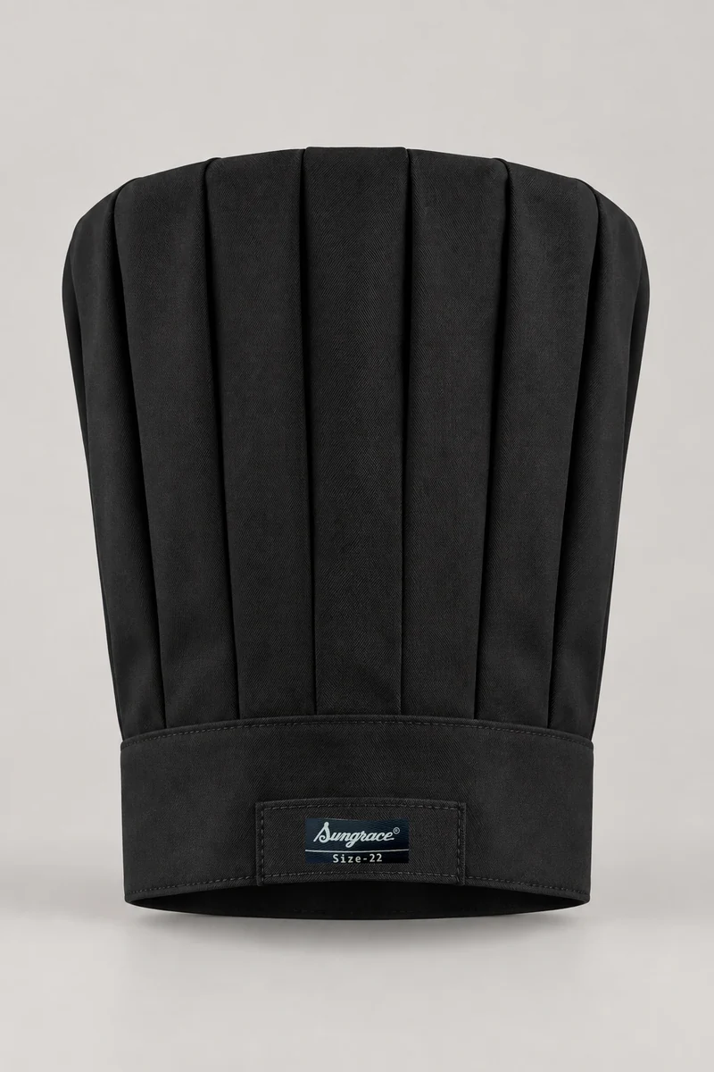 Sungrace chef headwear design 12: Black Premium Tall Toque, showing the genuine Sungrace woven label