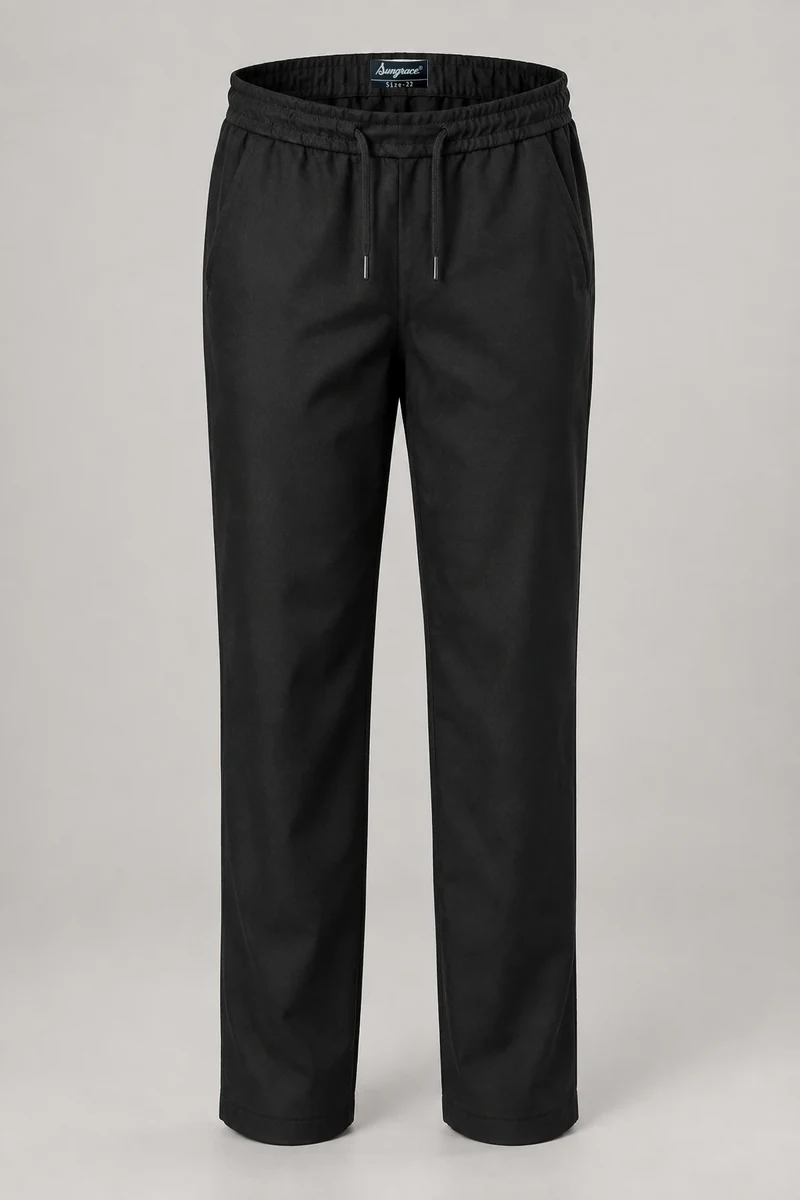 Sungrace chef trousers design 2: Black Straight-Leg, showing the genuine Sungrace woven label