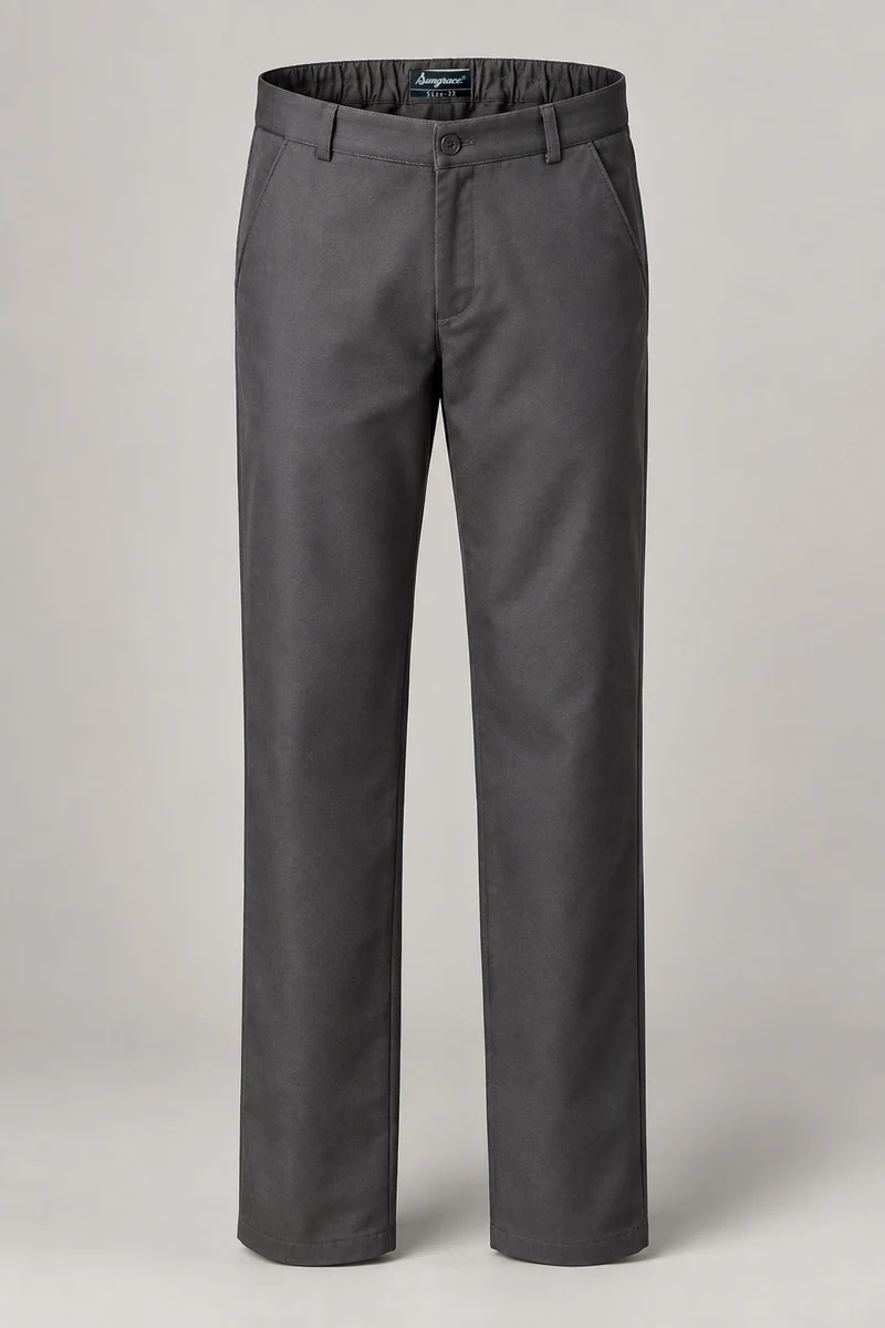 Sungrace chef trousers design 3: Charcoal Tailored, showing the genuine Sungrace woven label