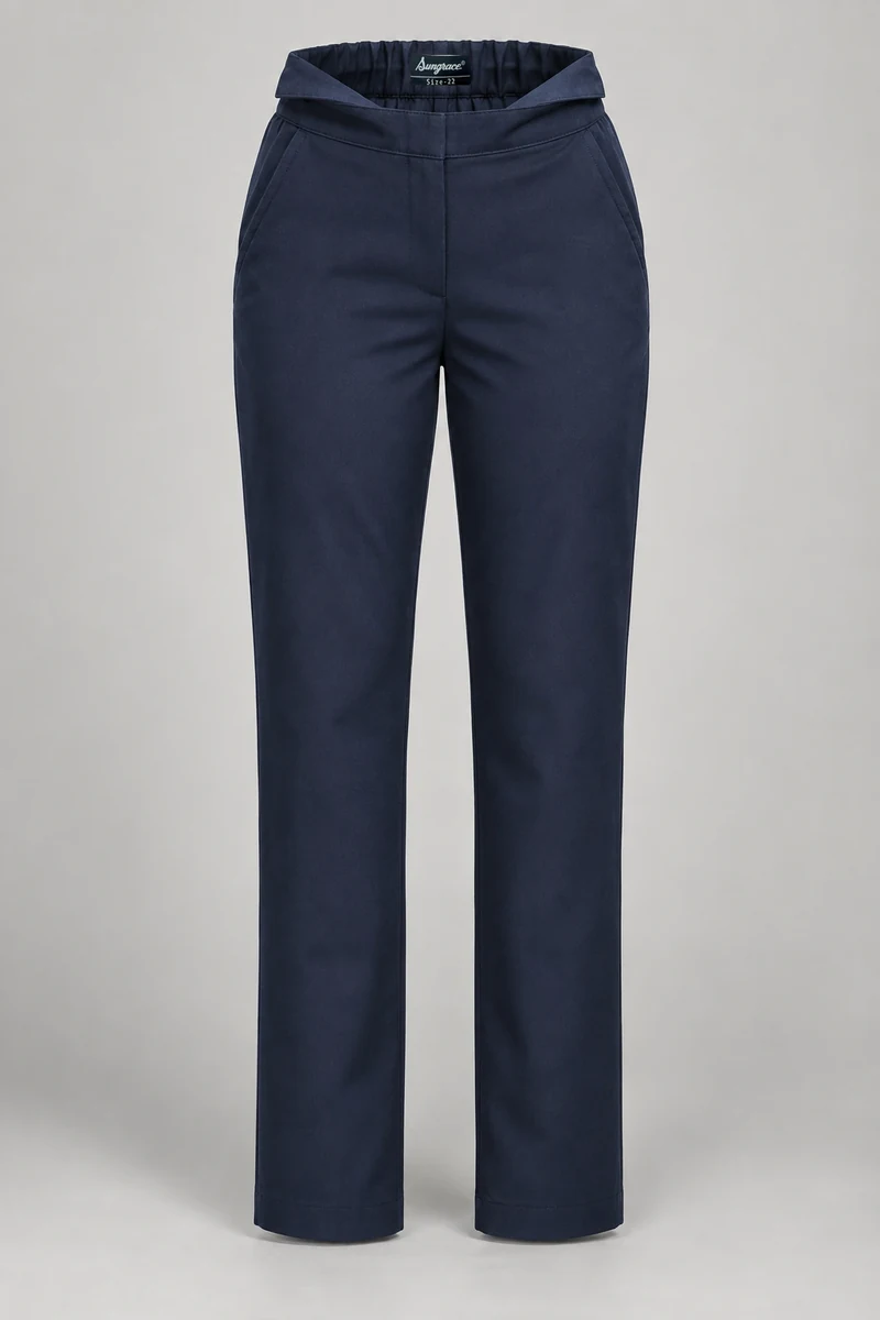 Sungrace chef trousers design 4: Navy Tailored, showing the genuine Sungrace woven label