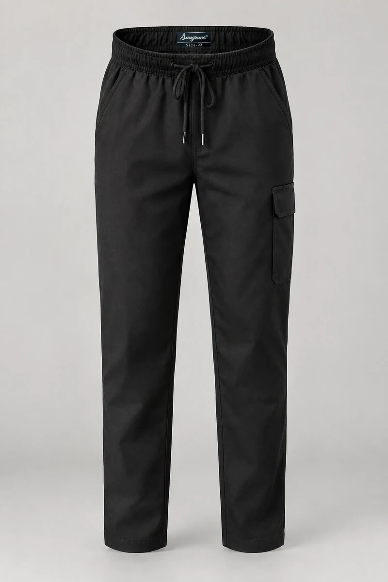 Sungrace chef trousers design 5: Black Utility-Cargo, showing the genuine Sungrace woven label