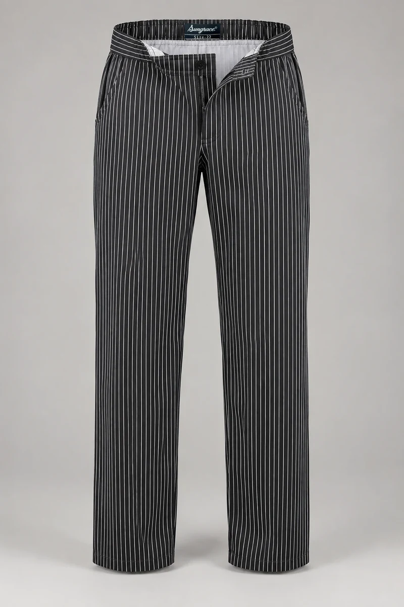 Sungrace chef trousers design 6: Fine Pinstripe, showing the genuine Sungrace woven label