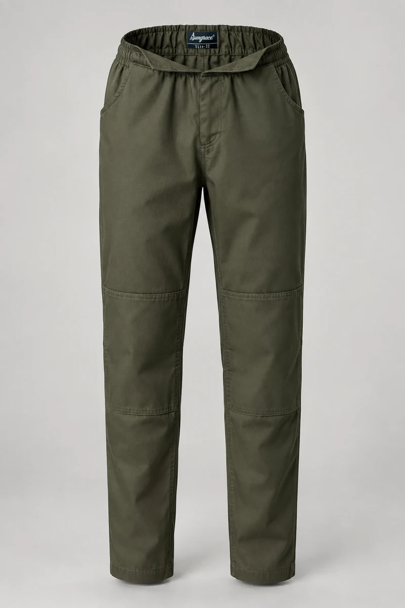 Sungrace chef trousers design 7: Olive Utility, showing the genuine Sungrace woven label