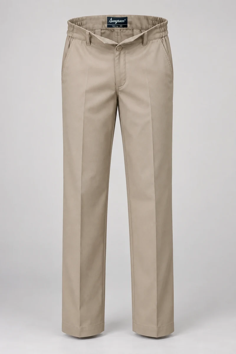 Sungrace chef trousers design 8: Sand Formal, showing the genuine Sungrace woven label