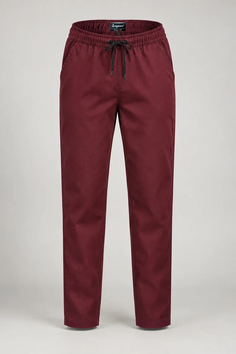Sungrace chef trousers design 9: Burgundy Drawstring, showing the genuine Sungrace woven label