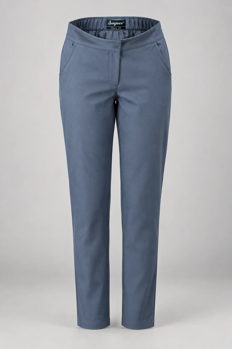 Sungrace chef trousers design 10: Steel-Blue Women’s, showing the genuine Sungrace woven label