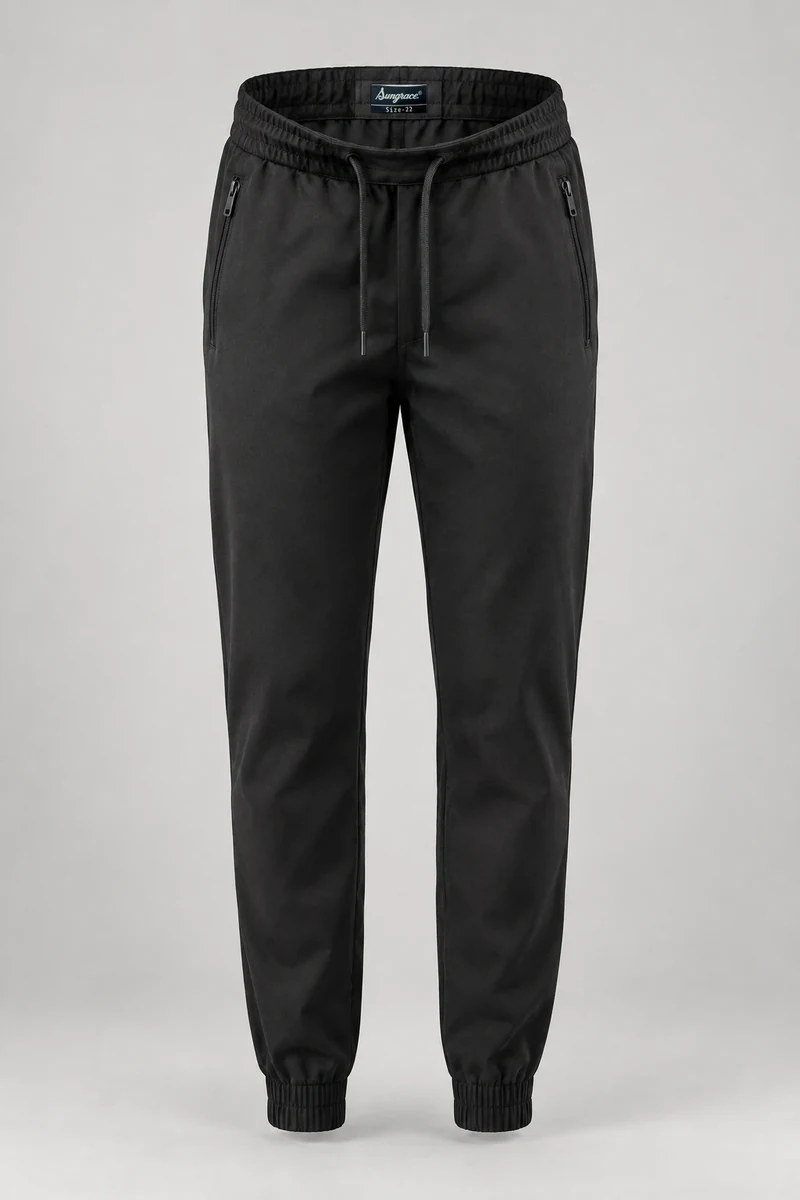 Sungrace chef trousers design 11: Black Cuff-Hem, showing the genuine Sungrace woven label