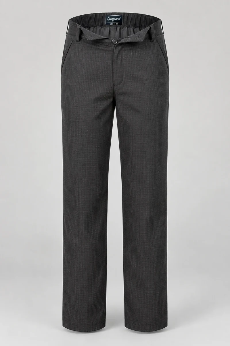 Sungrace chef trousers design 12: Charcoal Relaxed-Fit, showing the genuine Sungrace woven label