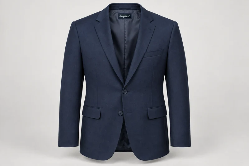 Blazers — Men's navy two-button single-breasted blazer, notch lapels, welt breast pocket, flap hip pockets, fully lined; tone-matched navy buttons. product front. Illustrative catalogue concept.