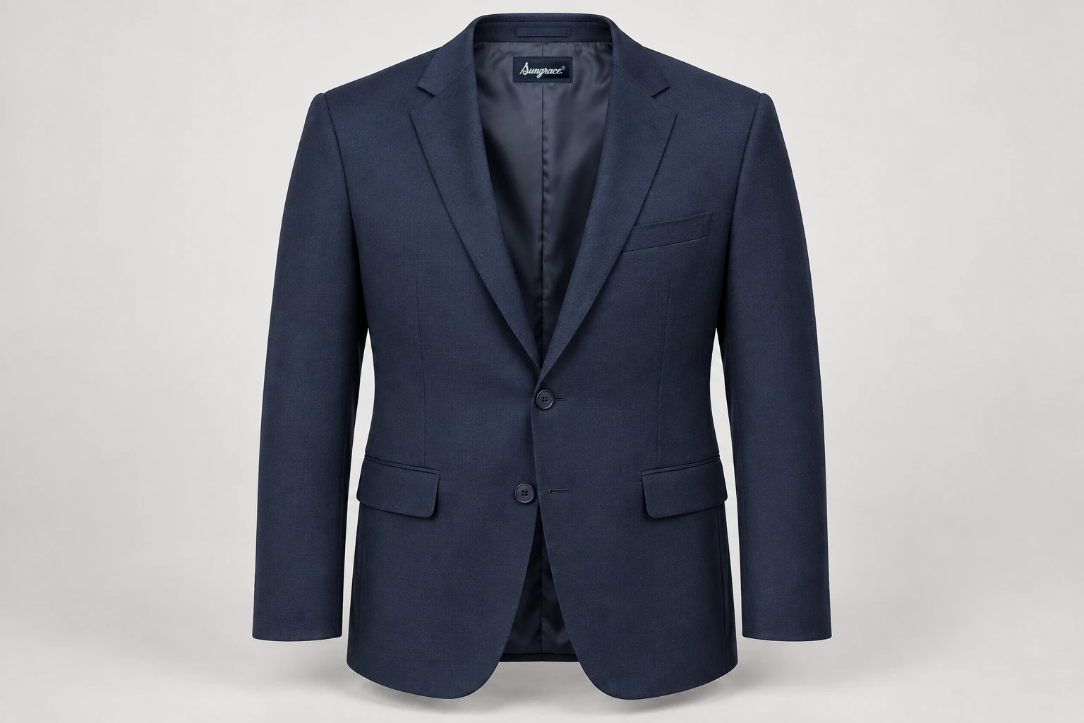 Blazers — Men's navy two-button single-breasted blazer, notch lapels, welt breast pocket, flap hip pockets, fully lined; tone-matched navy buttons. product front. Illustrative catalogue concept.